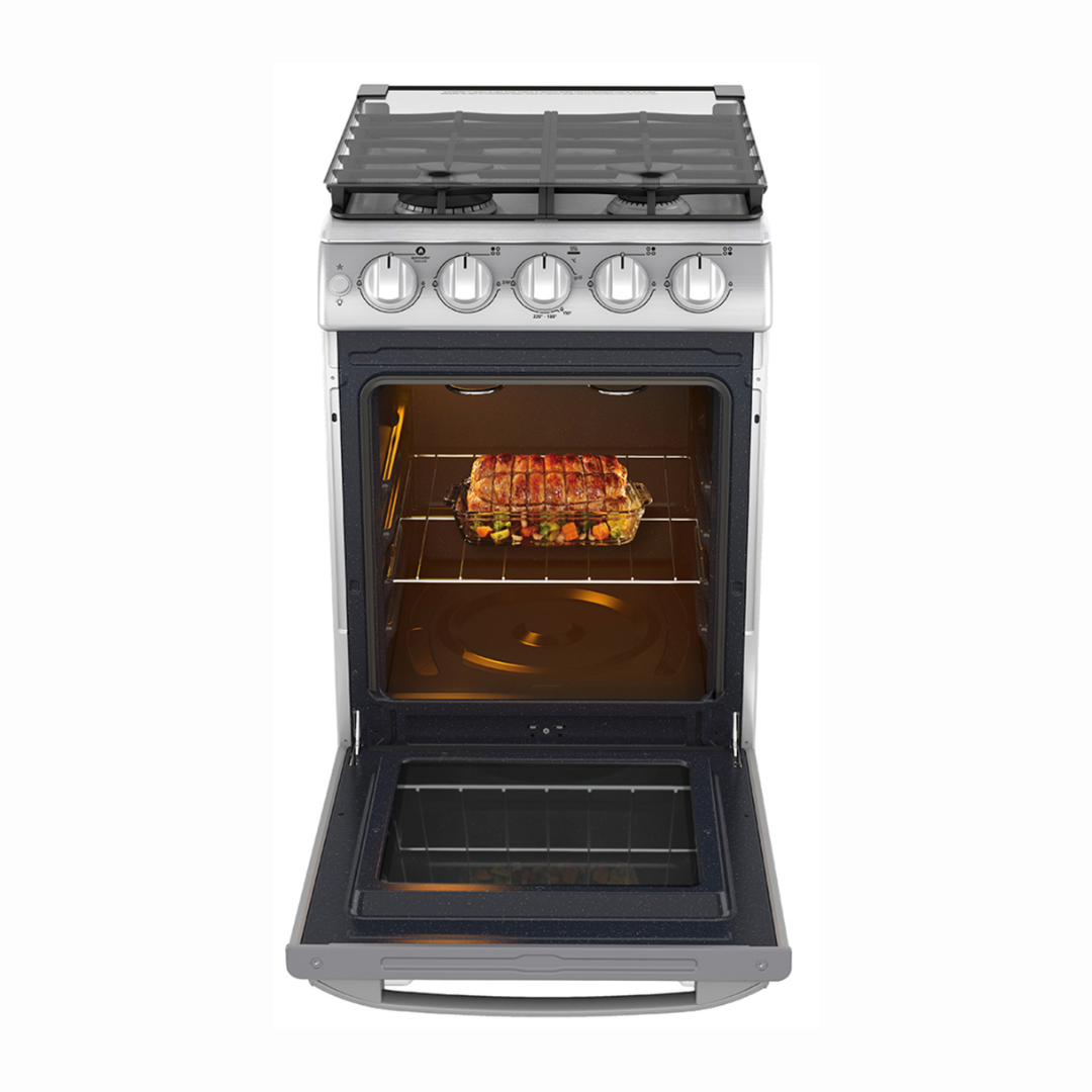 Cocina a Gas al Piso 50cm 4h acero/inox con Encendido y Tapa de Vidirio Mabe