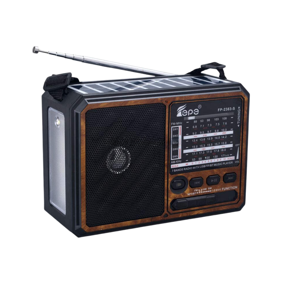 Radio Portátil Recargable AM/FM Bluetooth Panel Solar y Linterna Fepe