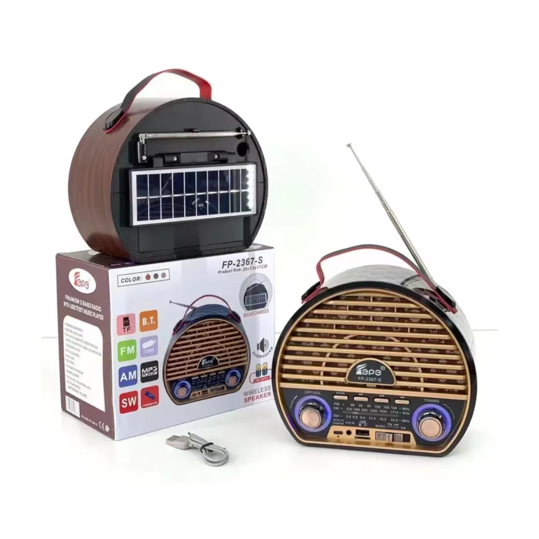 Radio Portátil Recargable AM/FM Bluetooth Panel Solar Estilo Vintage Fepe