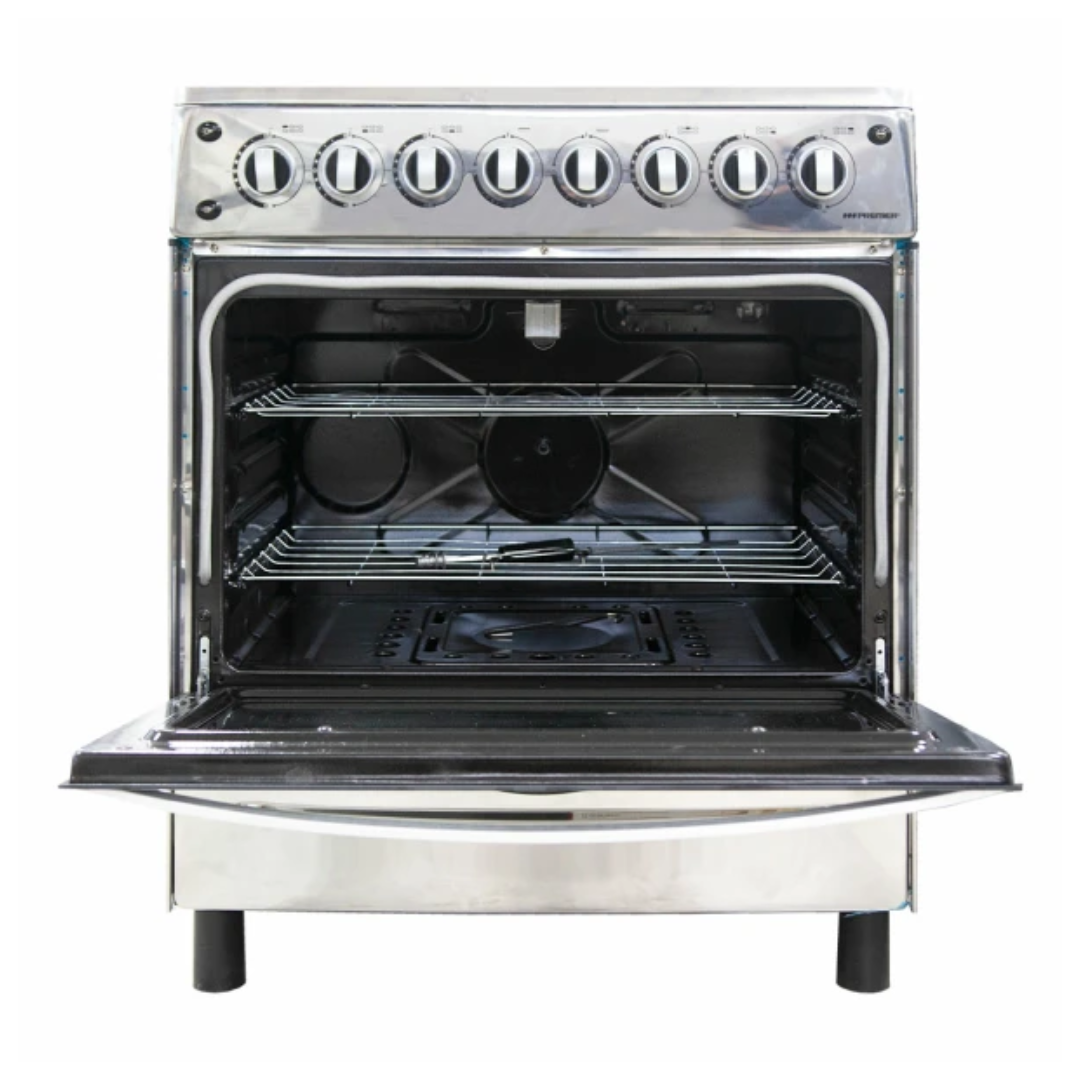 Cocina 6 Hornillas a Gas 30" Acero Inoxidable Girasador + Gratinador y Luz Rejillas Gruesas Premier