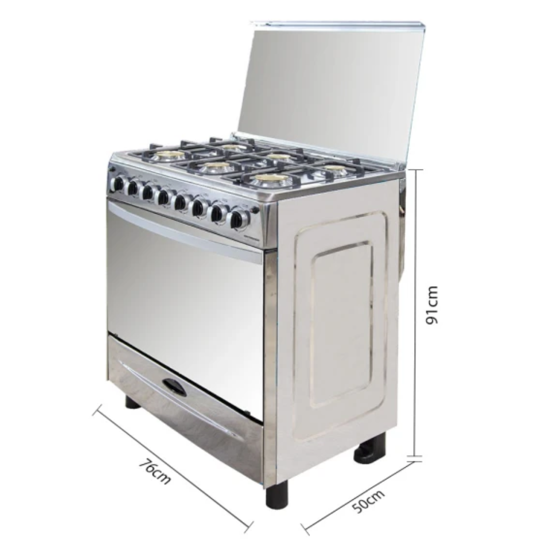 Cocina 6 Hornillas a Gas 30" Acero Inoxidable Girasador + Gratinador y Luz Rejillas Gruesas Premier