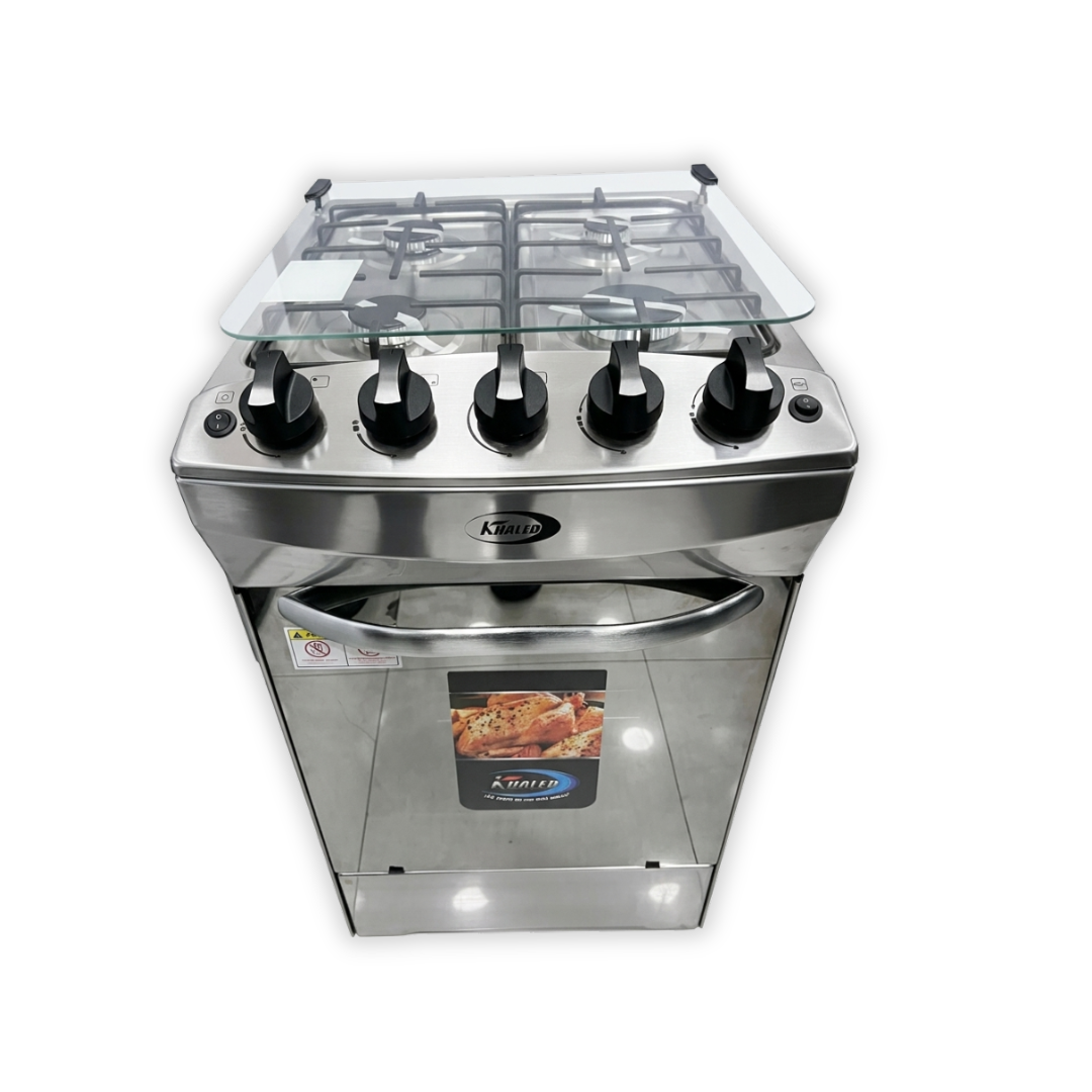 Cocina 4H a Gas Acero INOX Tapa De Vidrio Khaled