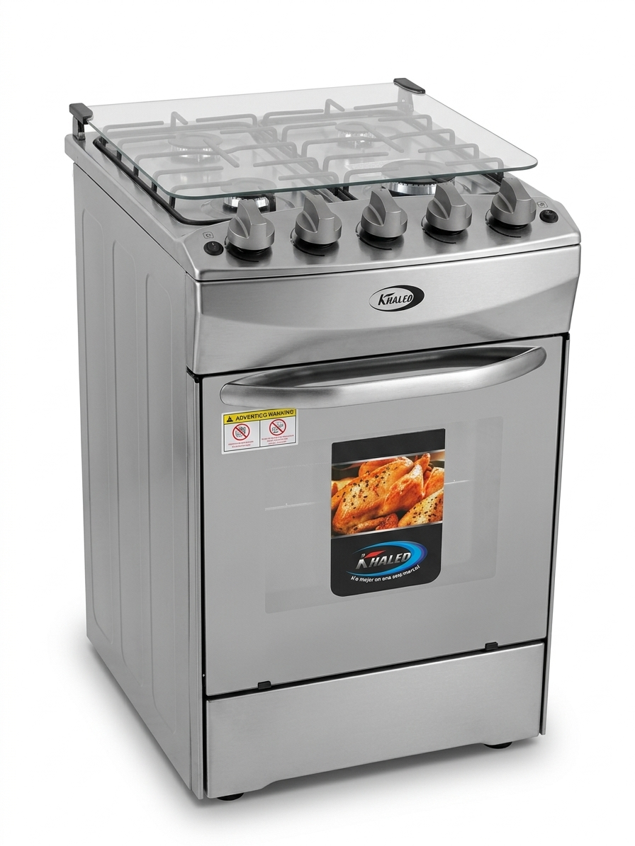 Cocina 4H a Gas Acero INOX Tapa De Vidrio Khaled
