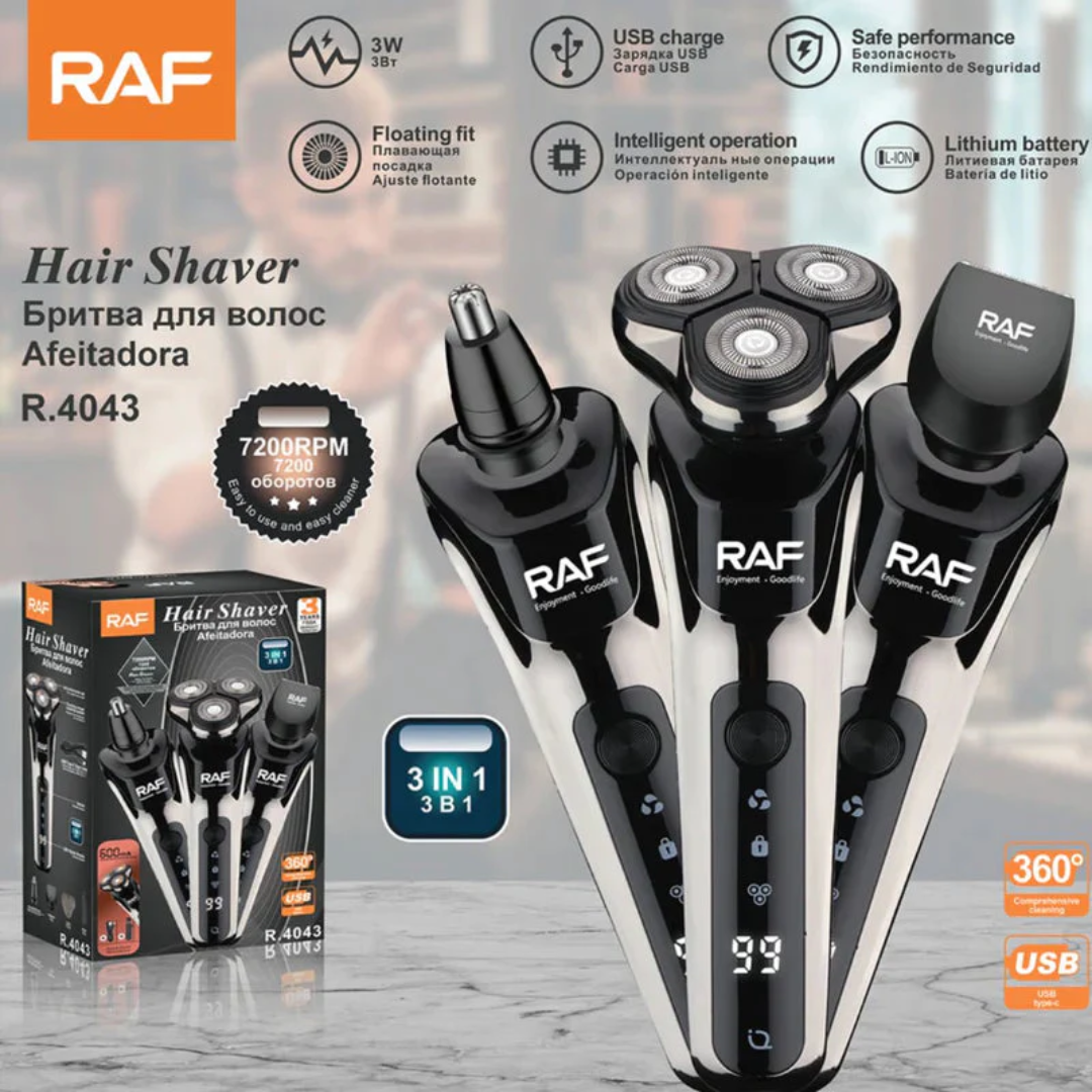 Afeitadora Eléctrica 3 En 1 Recargable USB Con Pantalla Digital. Máquina De Afeitar Multifuncional 7200RPM Con Cabezales Intercambiables Raf