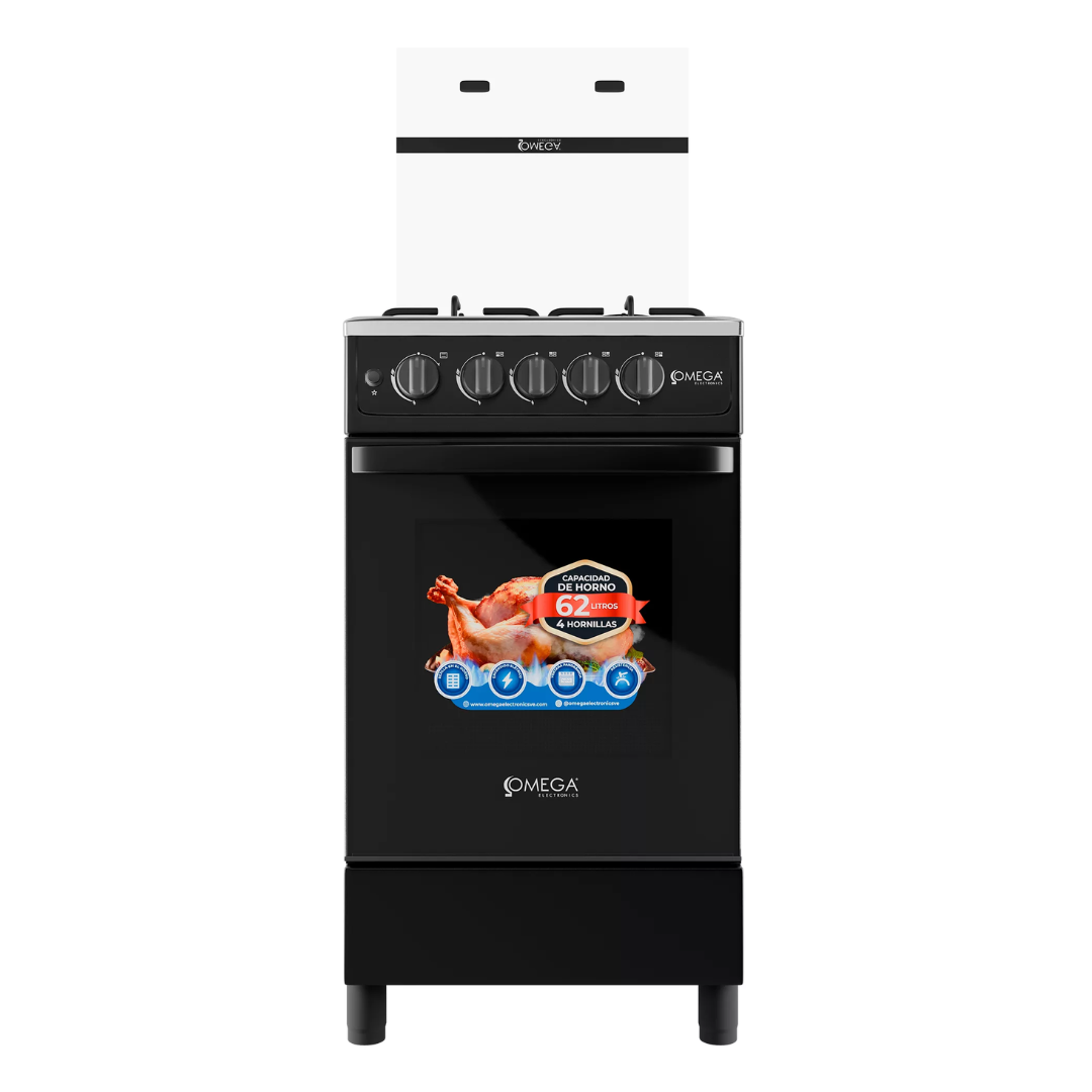 Cocina 4H Tapa de Vidrio a Gas 20"  +Encendido Electrico Negra Omega