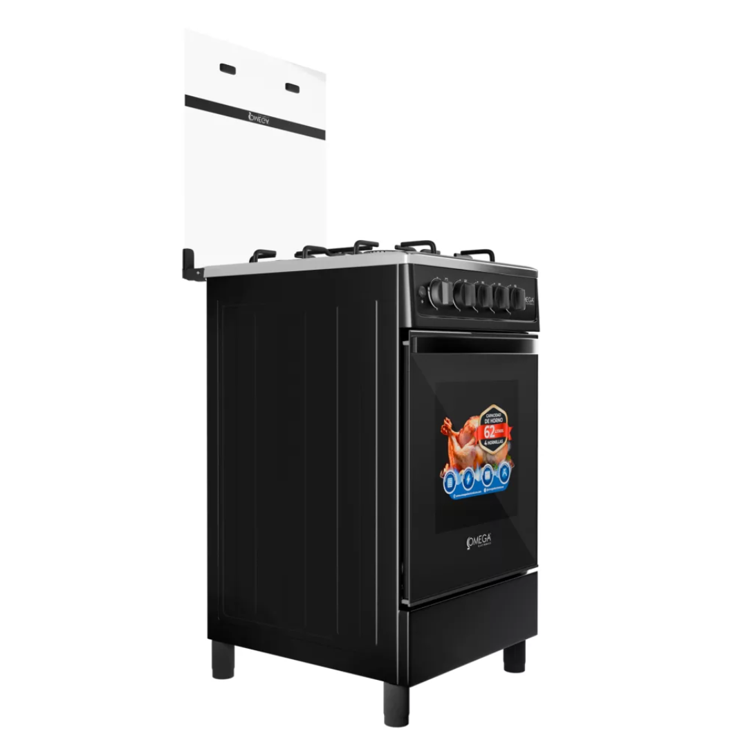 Cocina 4H Tapa de Vidrio a Gas 20"  +Encendido Electrico Negra Omega
