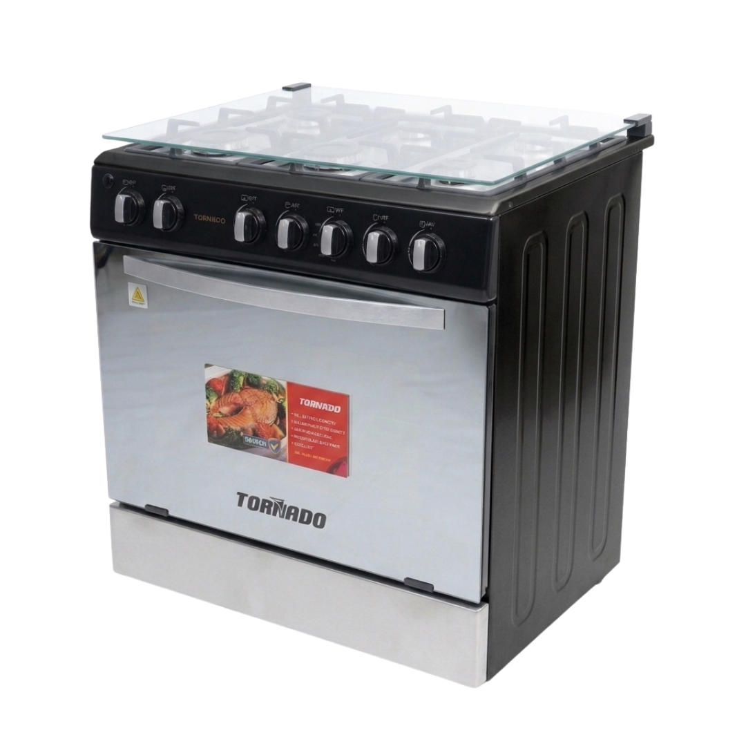 Cocina a Gas 30" 6 Hornillas Con Tapa de Vidrio +Encendido Negra Tornado